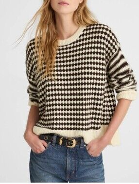 Madewell Cream and Brown Pennant Mixed Pattern  Crewneck Alpaca Blend Sweater L